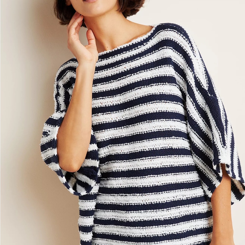 Anthropologie Evie Poncho Dolman Sweater Navy and White Crew Neck